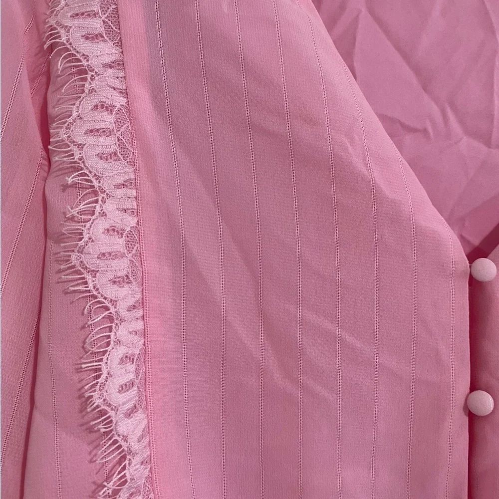 WAYF Pink Lace Trim Knotted Long Sleeve Blouse I Size: M - Picture 8 of 13